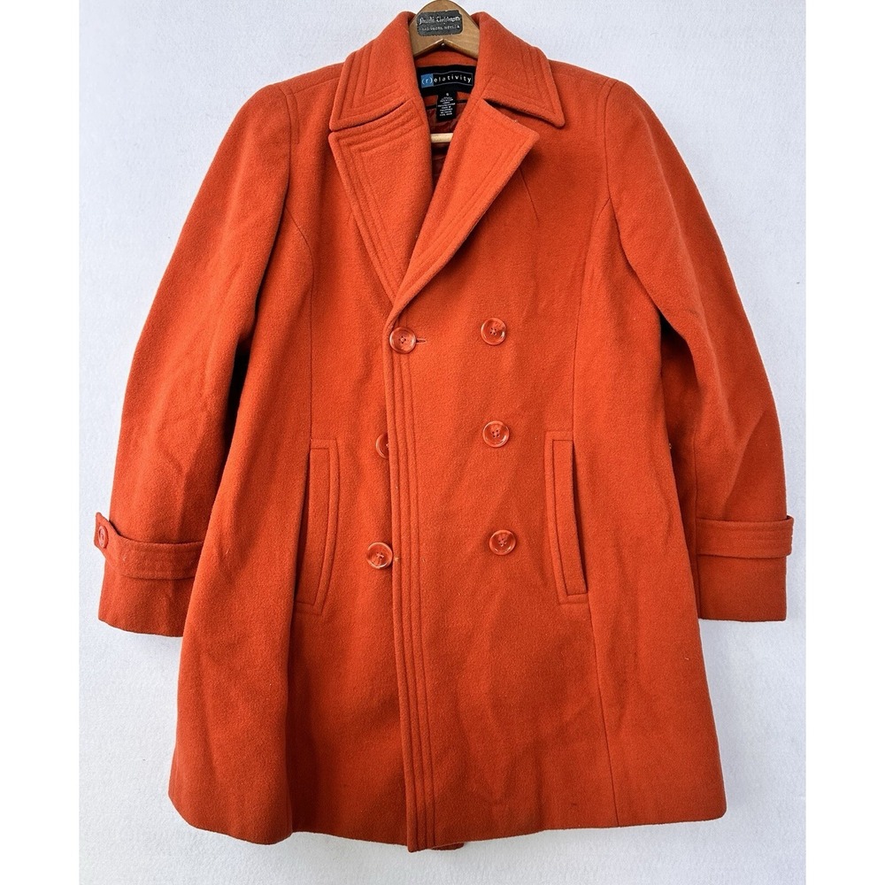 Wool Blend Pea Coat Orange Retro Office Colorful Women's Small